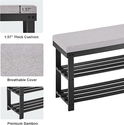 Miniatura 4 de Apicizon - Zapatero de 3 niveles para entrada, banco de zapatos de bambú con asiento acolchado, pequeño organizador de zapatos con almacenamiento