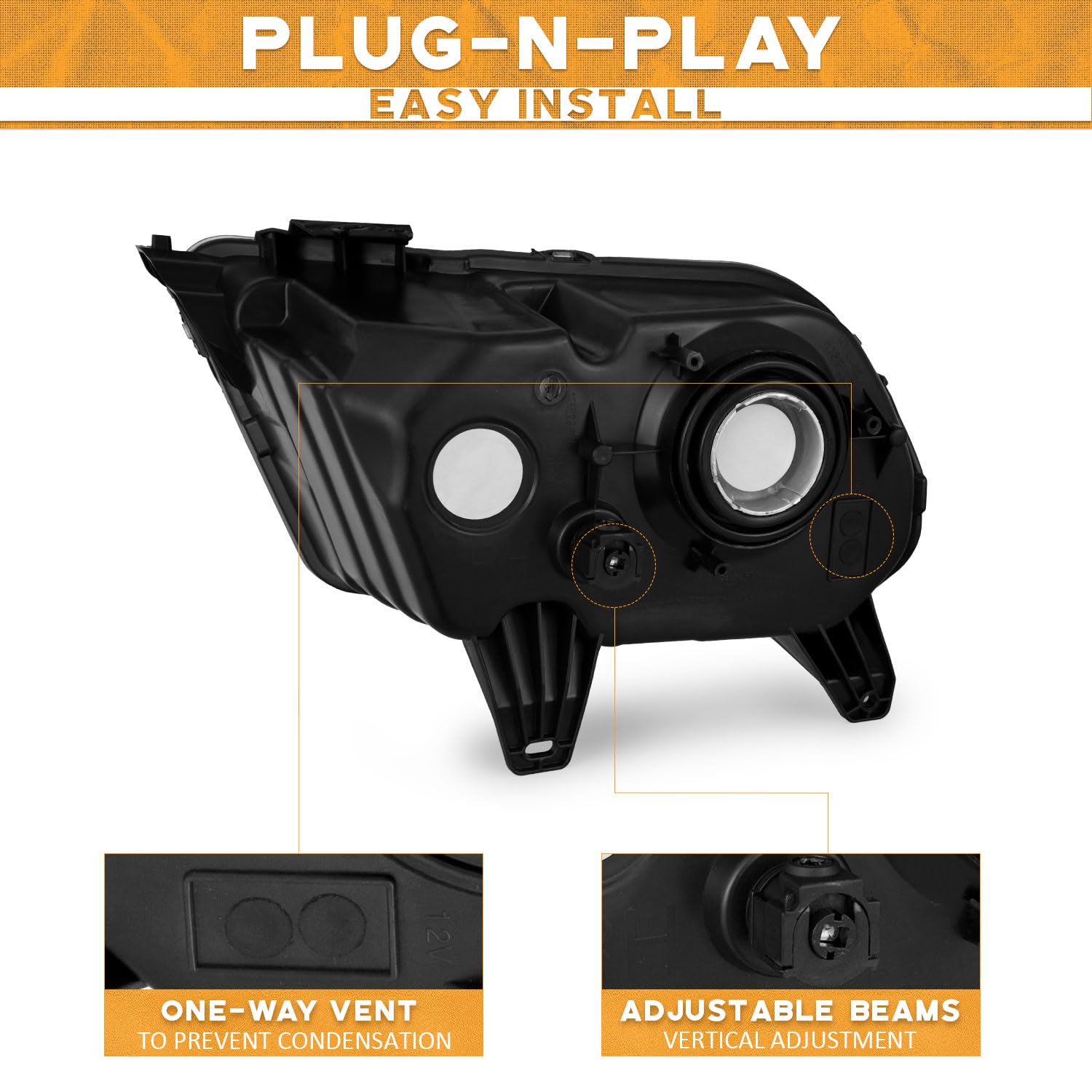 WEELMOTO Automotive Headlight Assemblies For 2010-2014 Ford Mustang Headlights Assembly Pair Headlamp Replacement For 10 11 12 13 14 Ford Mustang with Black Housing Amber Reflector