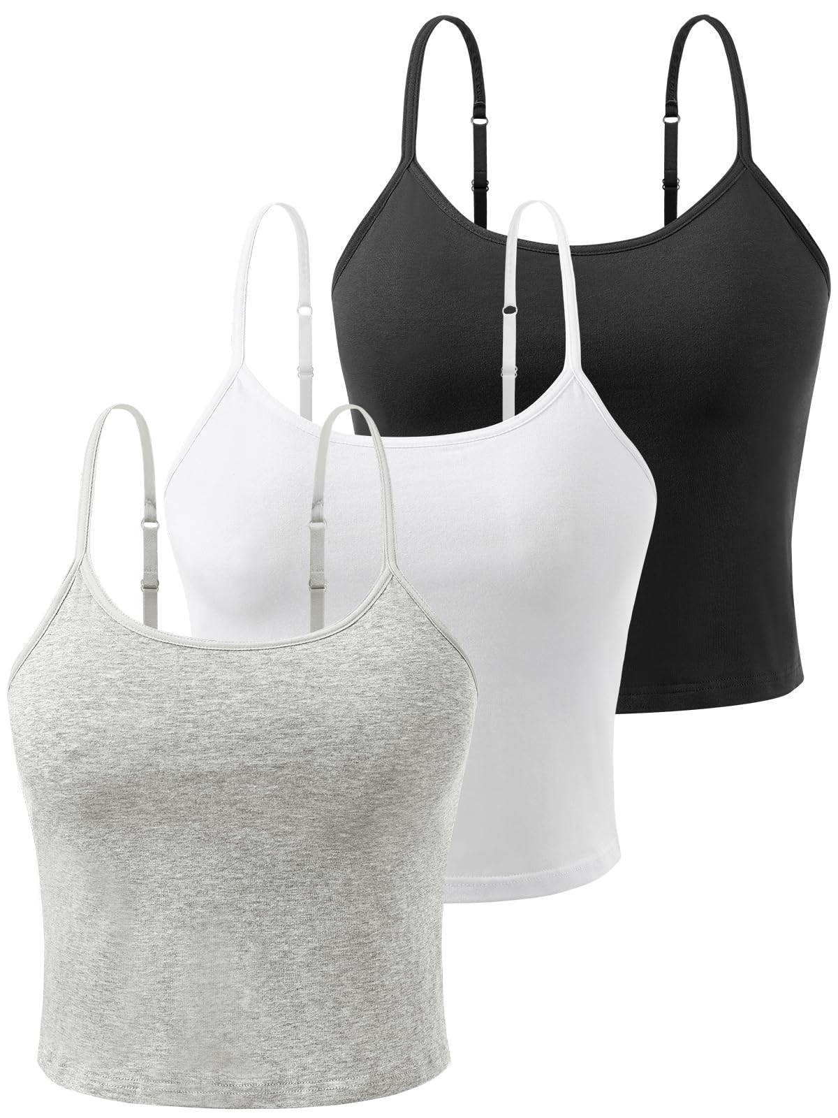 Air Curvey 3-Pack Womens Short Camisole Built in Bra Cotton Crop Tops Adjustable Spaghetti Strap Tank Tops