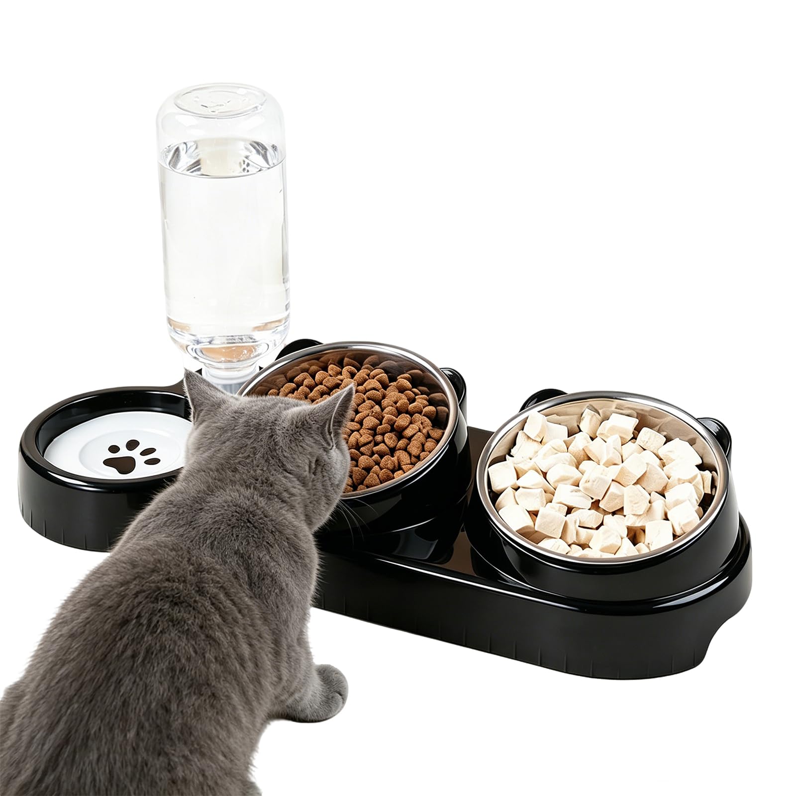 3-In-1 Cat Food and Water Bowl Set, Cat Bowls with Stand Tilted, 15° Tilted Stainless Steel Cat Bowls with Water Dispenser for Small Medium Dogs Cats