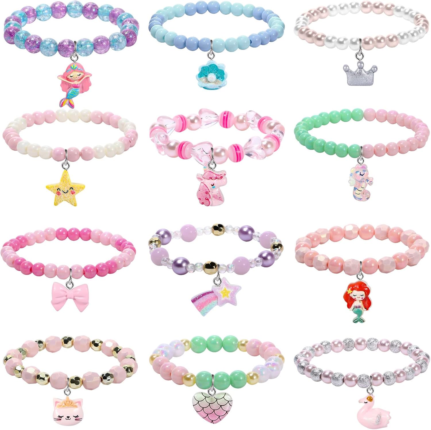 Lorfancy 12 Pcs Kids Beaded Bracelets for Girls Toddler Unicorn Mermaid Charm Bracelet Jewelry Set Little Girls Cute Dress up Pretend Play Jewelry Gifts