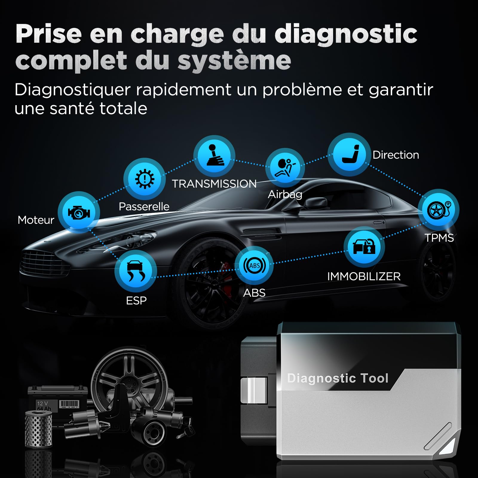 KINGBOLEN Ediag Elite OBD2 Diagnostic Français, Valise Diagnostic Auto avec Test Actif, 15+ réinitialisations, Outil de Diagnostic de Voiture pour Tous Les systèmes, Mise à Jour Gratuite à Vie