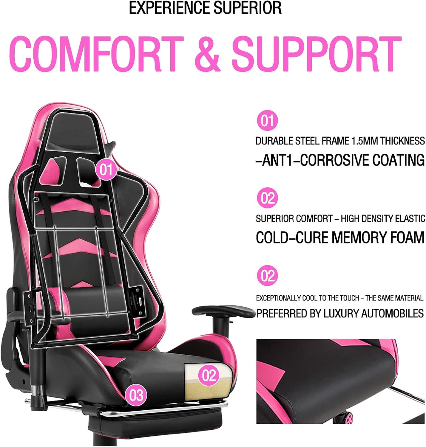 BETTARY Gaming Chair Racing Style, Ergonomic High-Back Computer Chair w/Headrest & Lumbar Support, Reclining Chair w/Footrest, Height Adjustable PU Leather Massage Chair for Home/Office (Pink)