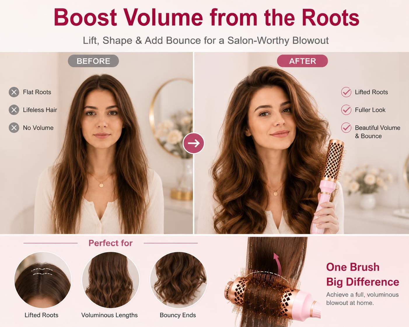 5pcs Round Brush Set for Blow Drying with Paddle Brush, 4 Thermal Barrel Sizes for Blow Dry Styling, Volume, Curling, Smoothing & Detangling, Includes 2 Clips