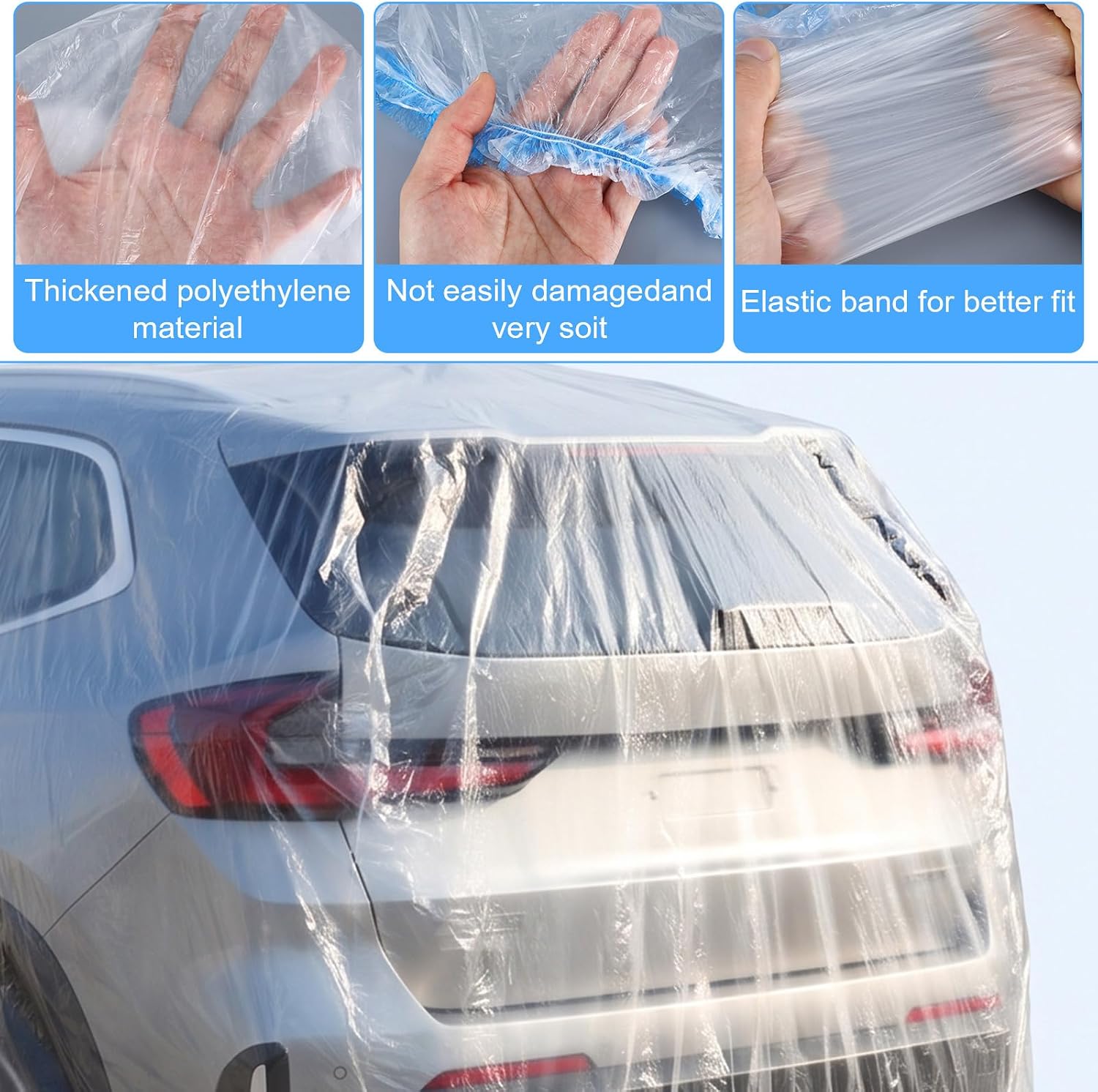 4 Pack 12.5ft x 21.6ft Plastic Car Cover Disposable Car Covers Clear | Durable Material, Universal Size, Rain Dust Cover, Elastic Band Design, Versatile Use