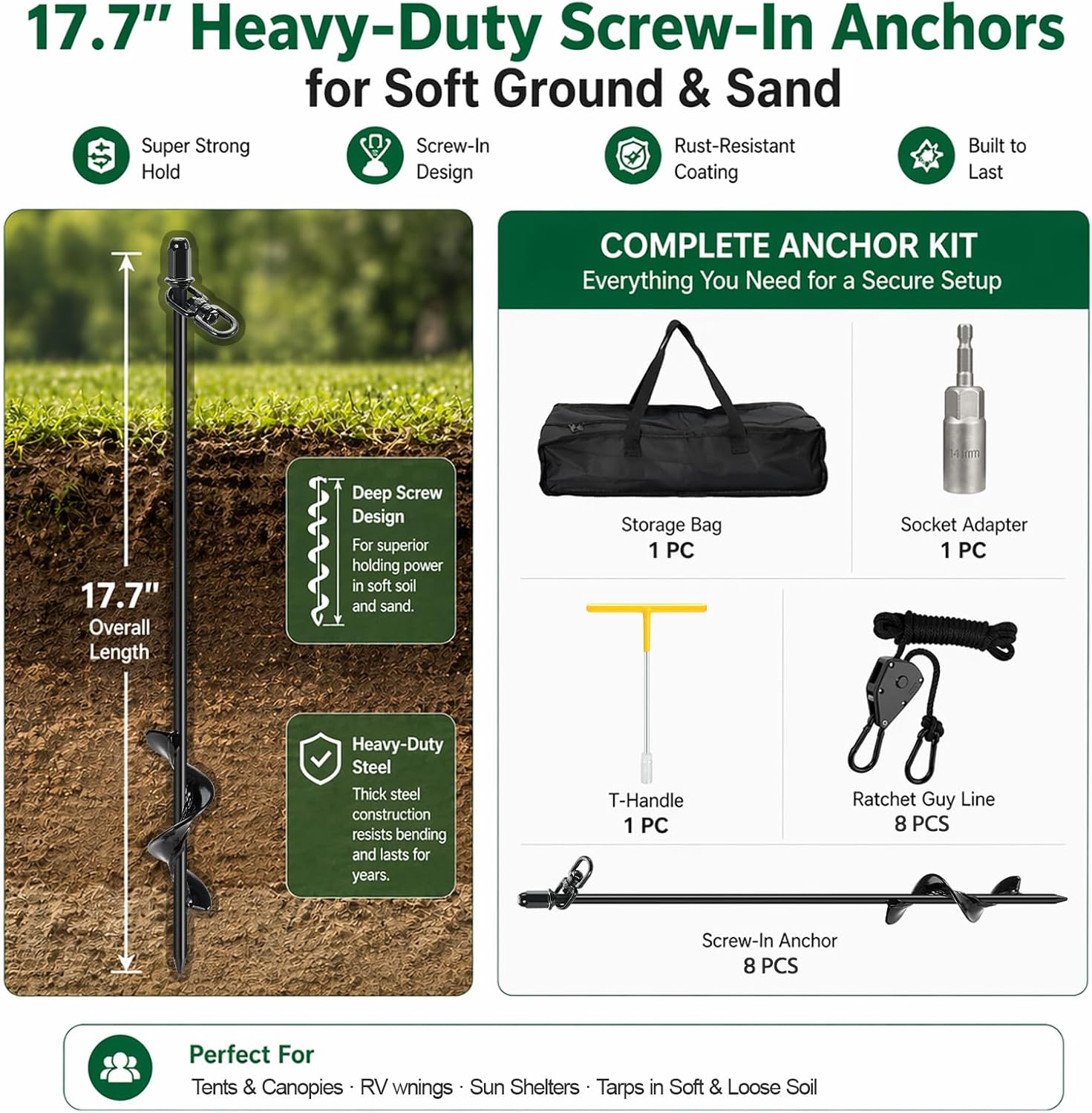 8 Pack Screw-in Tent Stakes, 17.7" Heavy Duty Spiral Ground Anchors (8mm Solid Steel, 1.5" Helix) w/ 8×8ft Ratchet Guy Lines, M12 Wrench & Bag for Camping Tents, Canopies, Tarps, Beach Sand