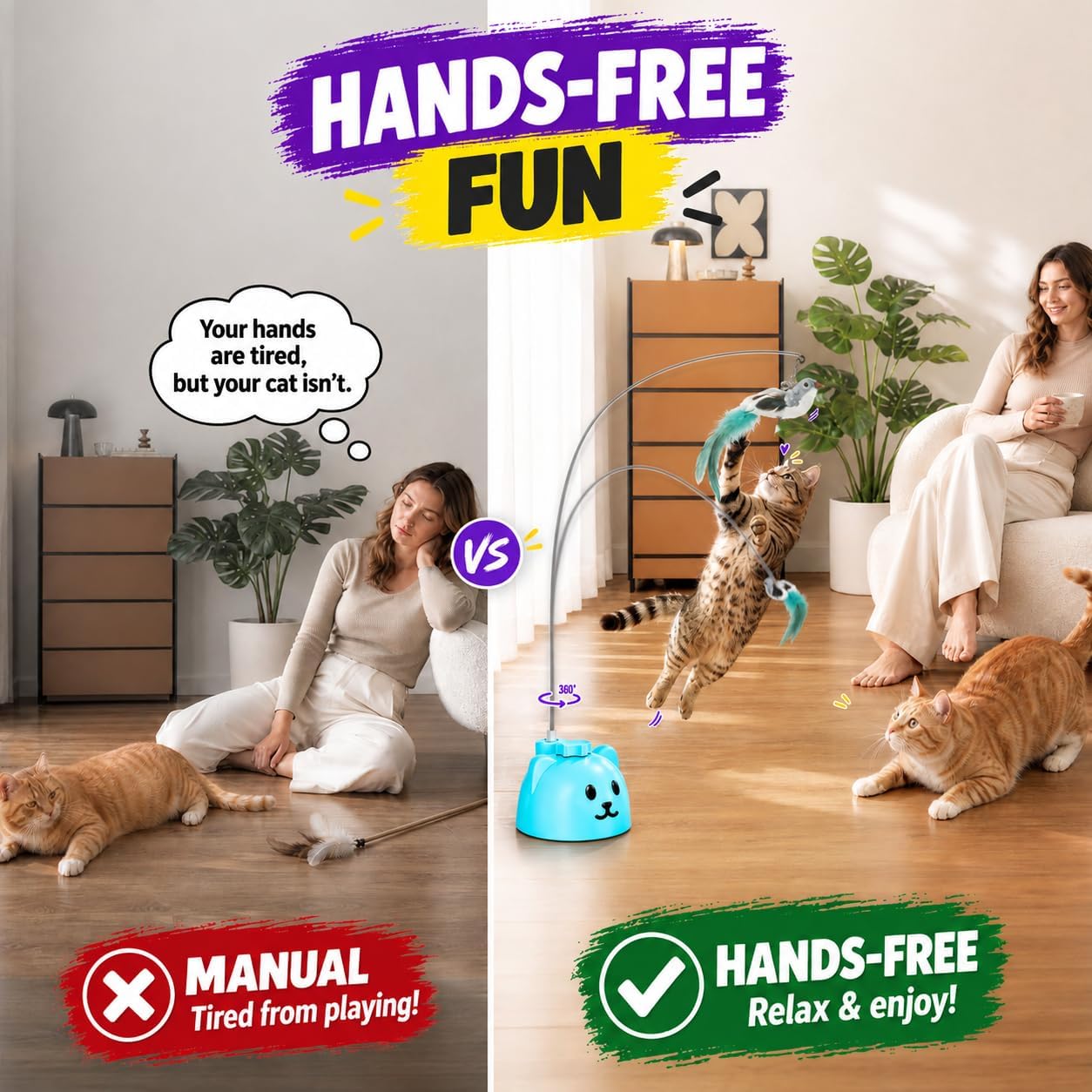 Interactive Cat Toys for Indoor Cats, 360° Automatic Spin Flying Bird Wand thumbnail
