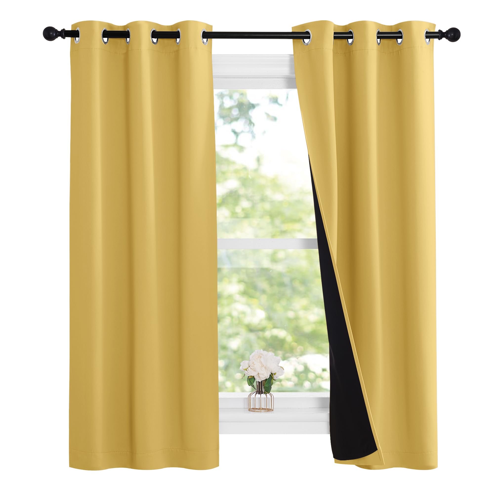 NICETOWN Bright Yellow Full Shade Curtain Panels, 37" Wide x 70" Long, Pair of Thermal Insulated &amp; Energy Efficiency Blackout Curtains for Living Room Windows, Lined Silky Performance Window Dressing