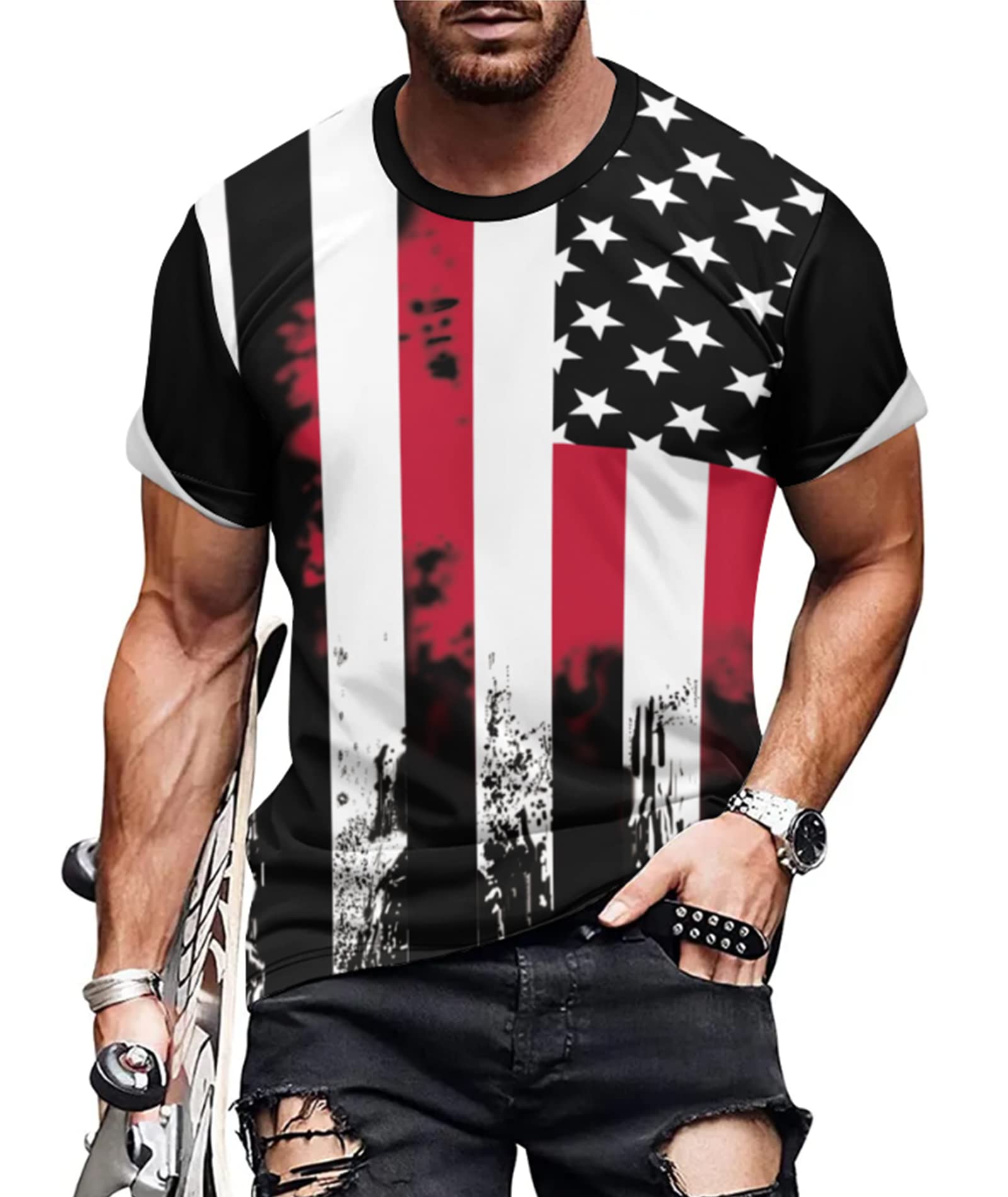View 1 of CURBODO Unisex 3D Print T-Shirts Funny Graphics Pattern Tees Shirt Short Sleeve Summer Novelty Top for Men S-5X short sleeve XX-Large Z-american Flag05