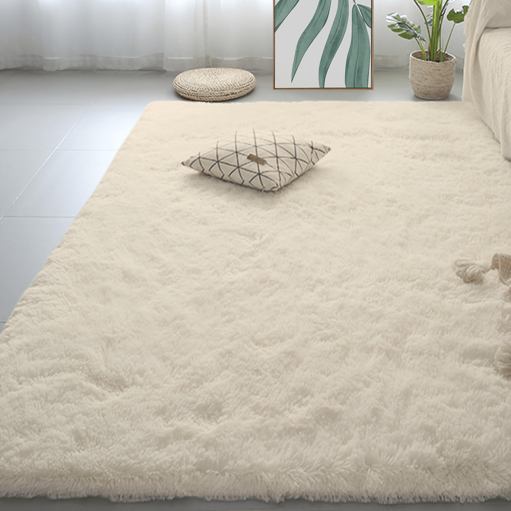 Tapis de salon moelleux haut de gamme texture shaggy 330 x 350 cm crème