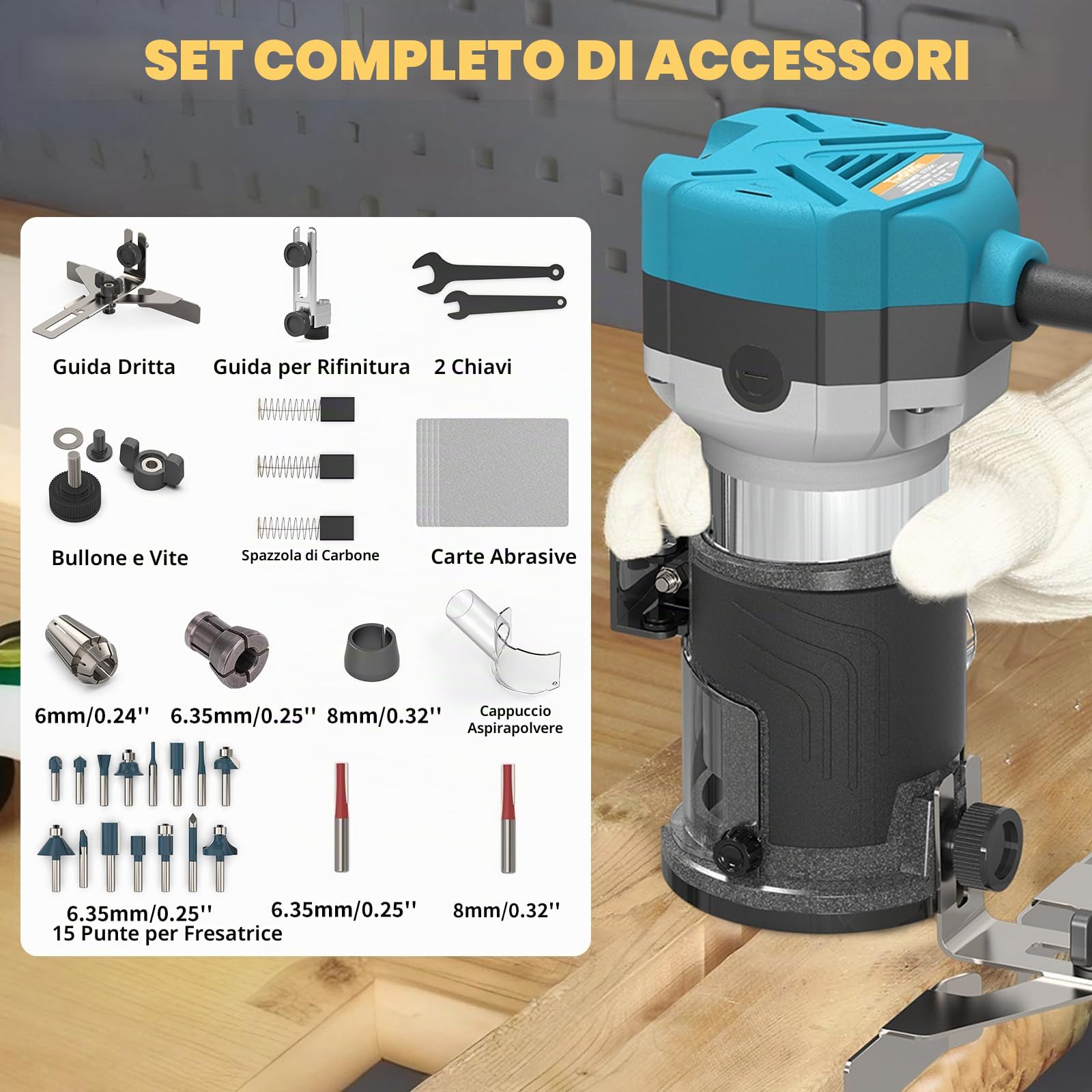 TwoWin - Fresa per legno, 6,5 A, 1,25 HP, portatile, compatta, per la lavorazione del legno, 6 velocità variabili, base fissa, per laminato, con cappuccio antipolvere, 15 punte