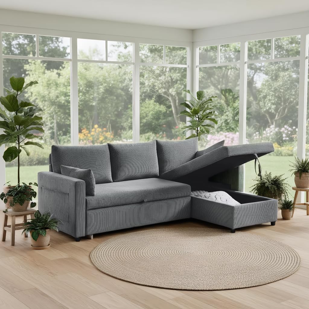 Photo 1 of **** SET***Ball & Cast 86" Convertible Sectional Sleeper Sofa, L-Shaped Corduroy Pull-Out Couch with Reversible Storage Chaise & Side Pocket, 3-Seat Sofa for Small Space Living Room Apartment, Dark Gray