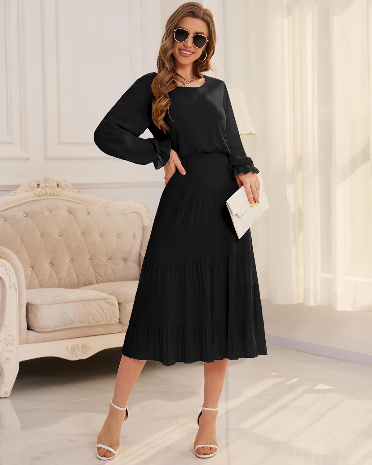 CYiNu Women's Midi Dresses Long Sleeve Crew Neck Flowy Casual Floral Boho Tiered Chiffon Smocked Elegant Dress - Image 3