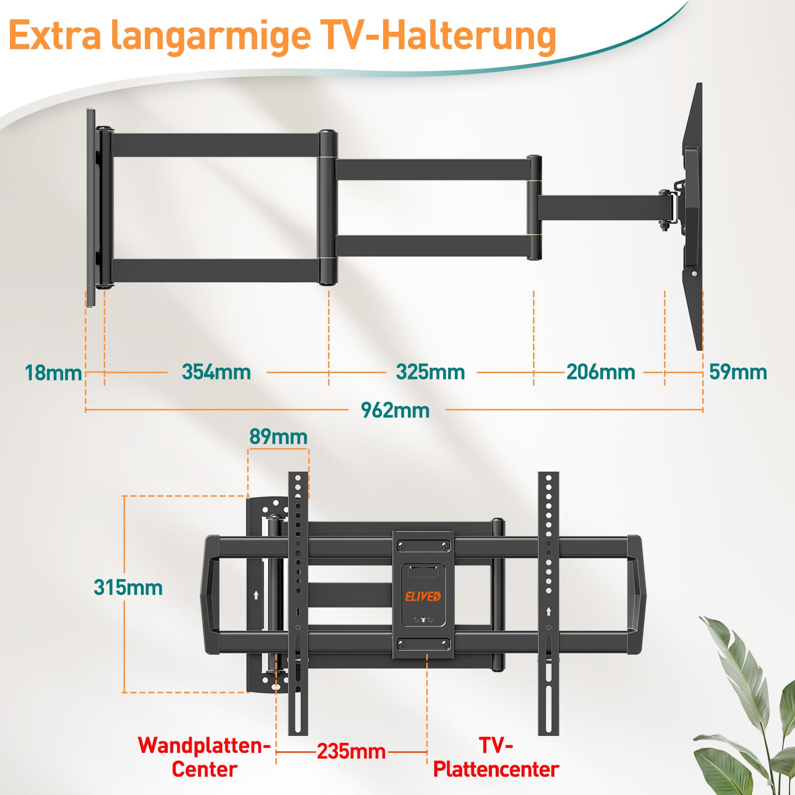 ELIVED Supporto da parete per TV a braccio lungo con 962 mm per TV Most 42-75 pollici, Full Motion TV Mount swivelling and Tilting, Holds up to 45 kg. Supporto TV Max VESA 600 x 400 mm EV3038