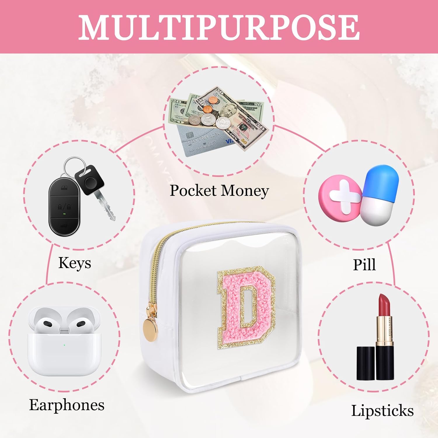 Mini Clear Personalized Initial Makeup Bag,Nylon Preppy A-Z Chenille Letter Patch Zipper Cosmetic Bag, Small Cute Beach Pouch Travel Purse Sanitary Napkin Storage Bag for Women Girls(White-Pink D) - Image 4