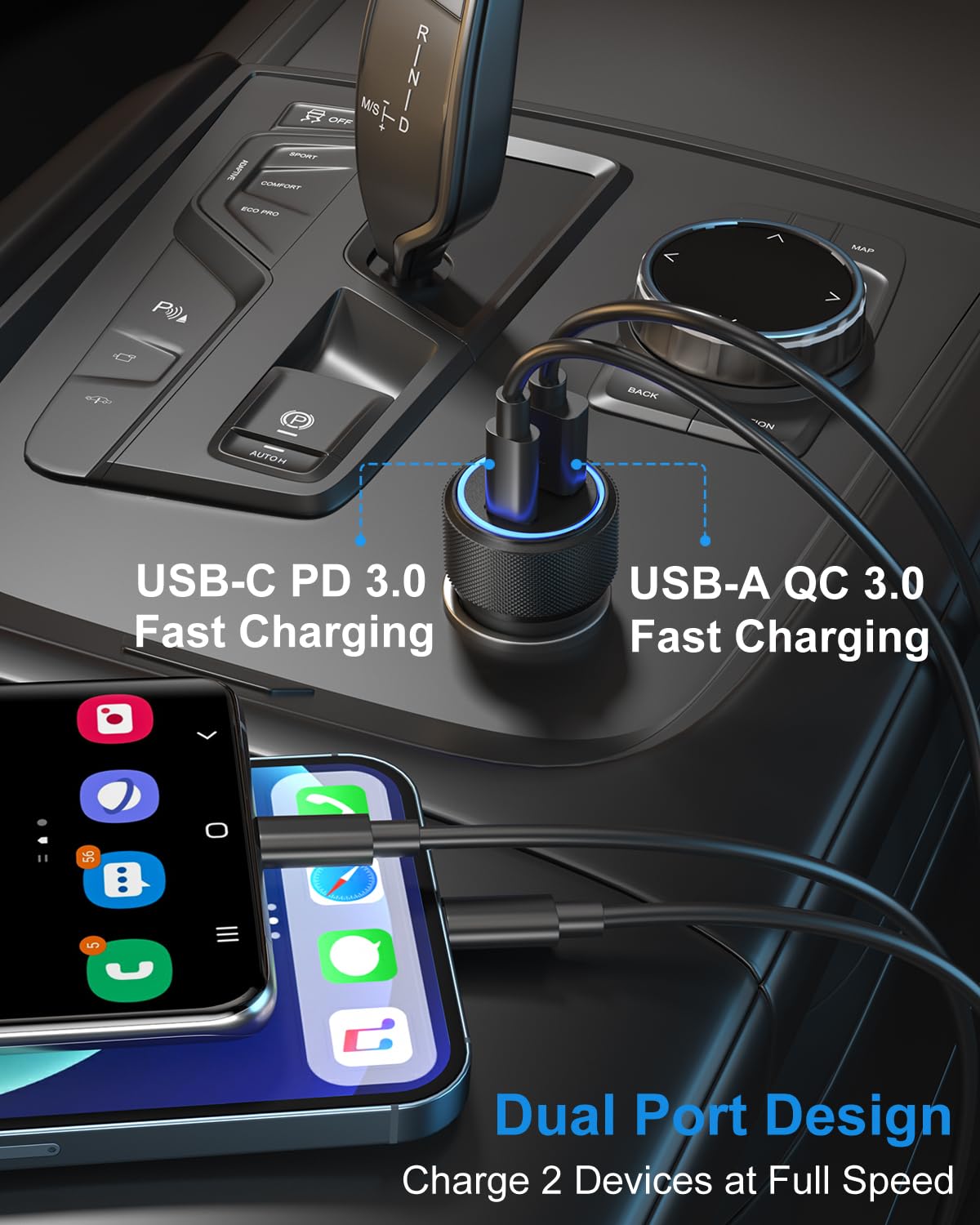OKRAY Cargador de Coche 36W 2 Puertos USB Carga Rápida Adaptador de Cargador de Coche PD+QC3.0 Doble USB C Adaptador de Alimentación de Aleación con LED (Negro)
