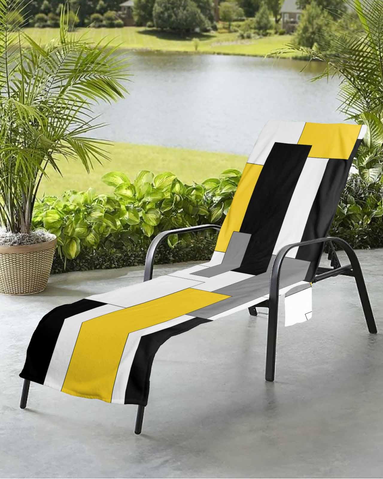 Black Yellow Beach Chair Towel Covers for Chaise Lounge with Side Pocket, Soft Plush Pool Towels Cover for Patio Sunbathing Outdoor 29''x85'' Geometric Grey White Middle Century