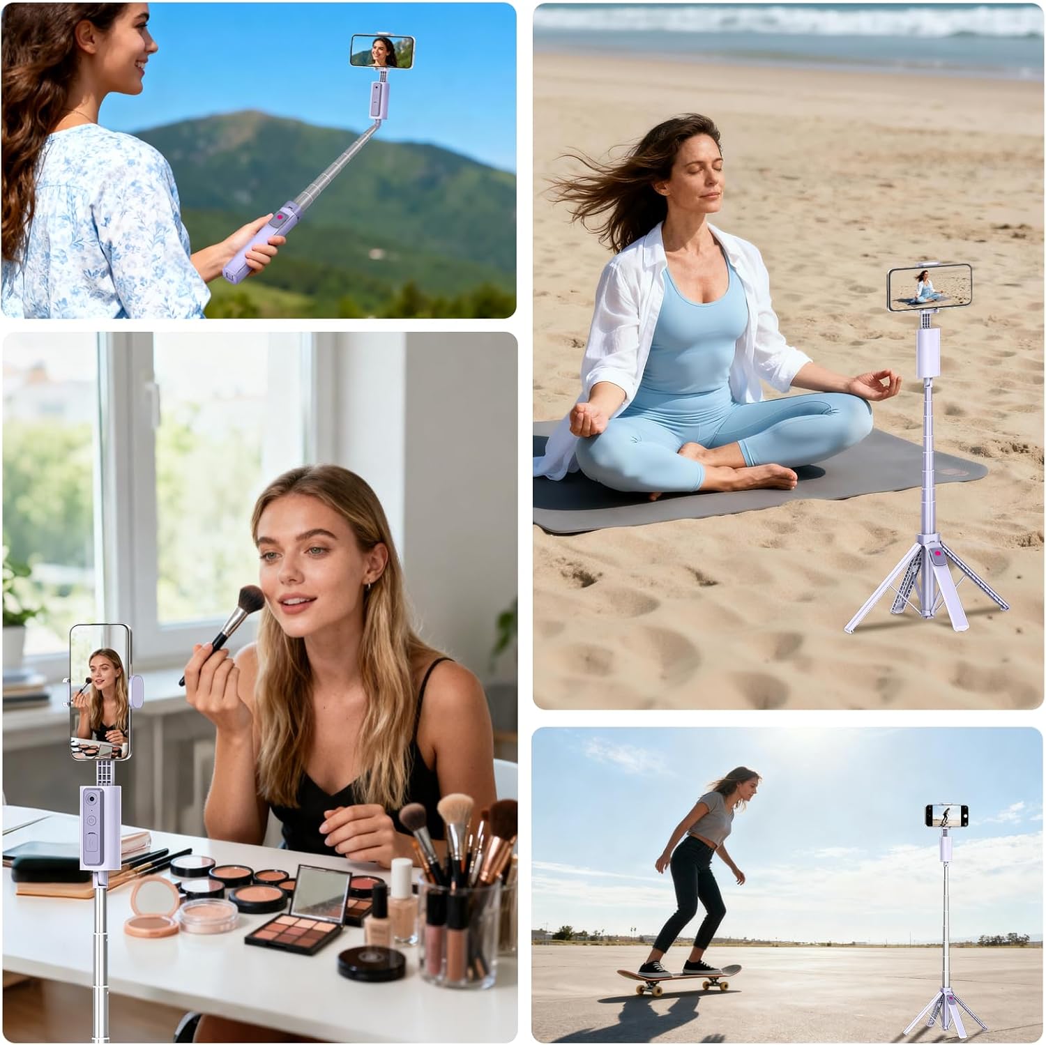 Funme Auto Face Tracking Tripod for iPhone with Light, 59'' Selfie Stick Tripod with Remote, 360 Rotation That Follows Your Movement, Cell Phone Holder for Video Recording/Content Creators/Vlog-Purple