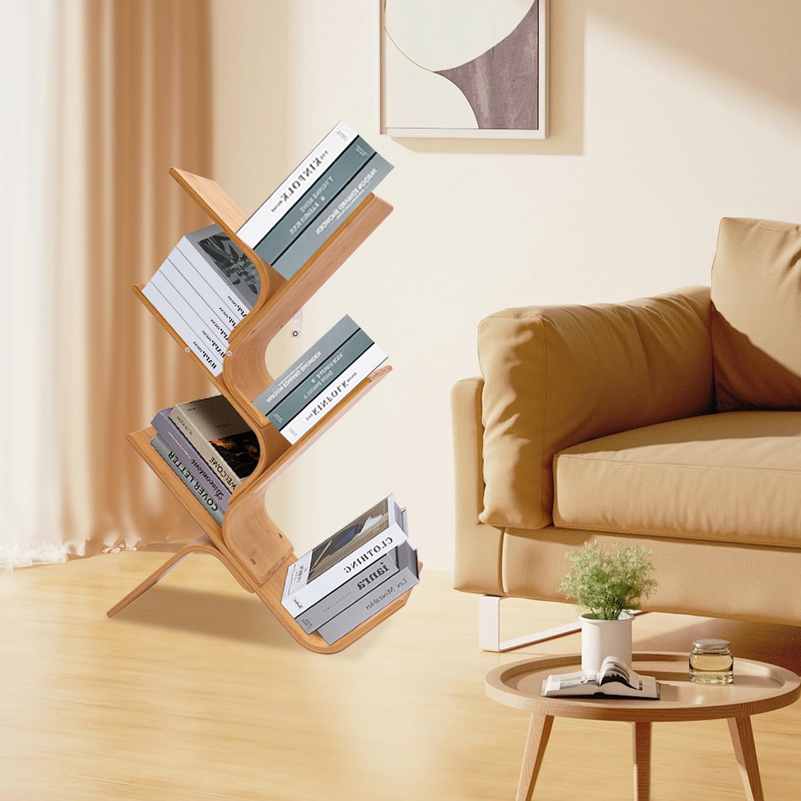 Librería de bambú de 5 niveles para el suelo, estantería moderna de pie, estantería curvada creativa, estantería de árbol curvada de bambú curvado para el hogar, salón, esquina, dormitorio