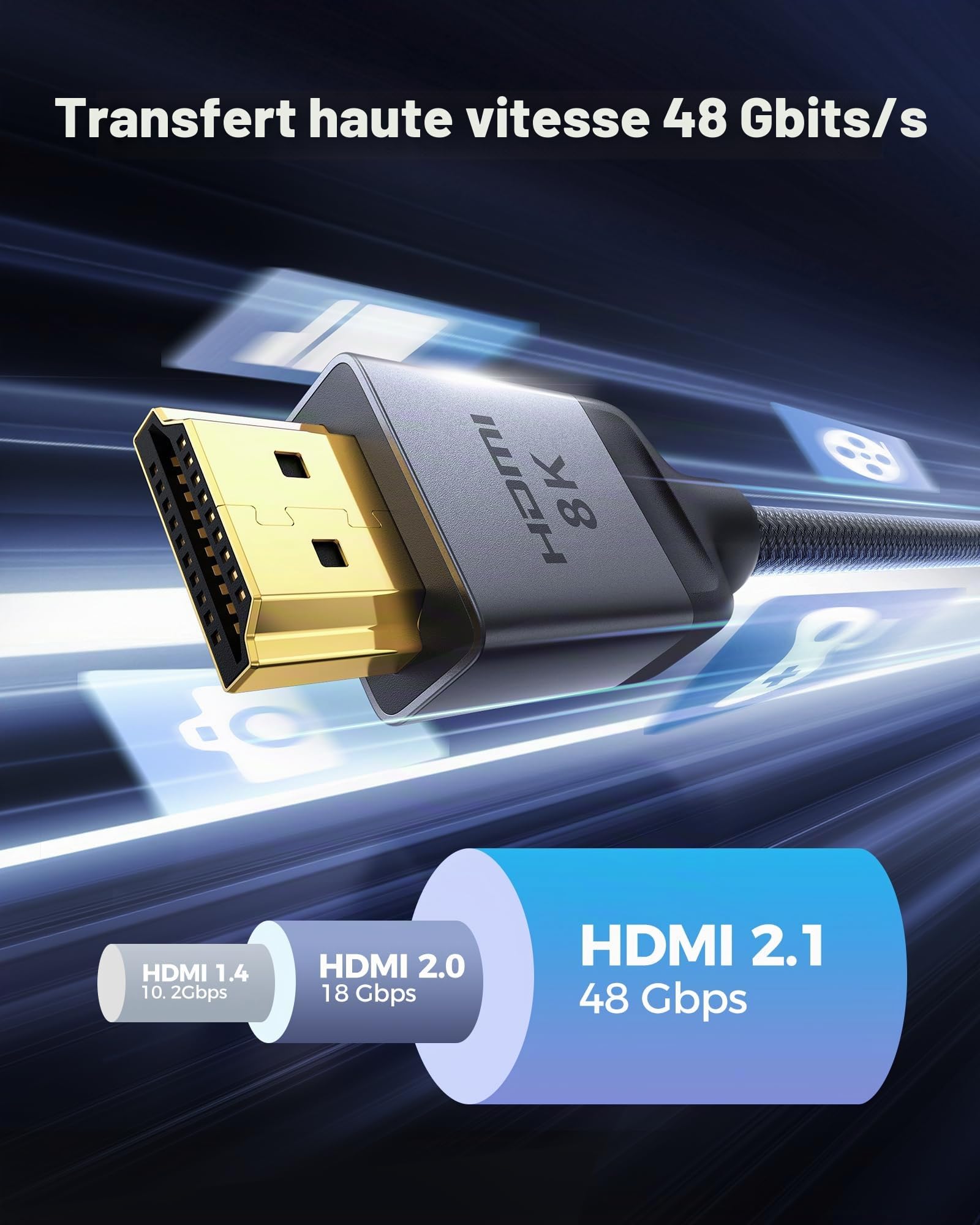 Silkland Câble HDMI 10K 8K 12m, Câble HDMI 2.1 PS5 4K@120Hz/144Hz, eARC HDR10 DTS:X HDCP2.3 pour HDTV/Barre de Son/Blu-ray/Projecteur/Ordinateur Portable/Ecran/PC