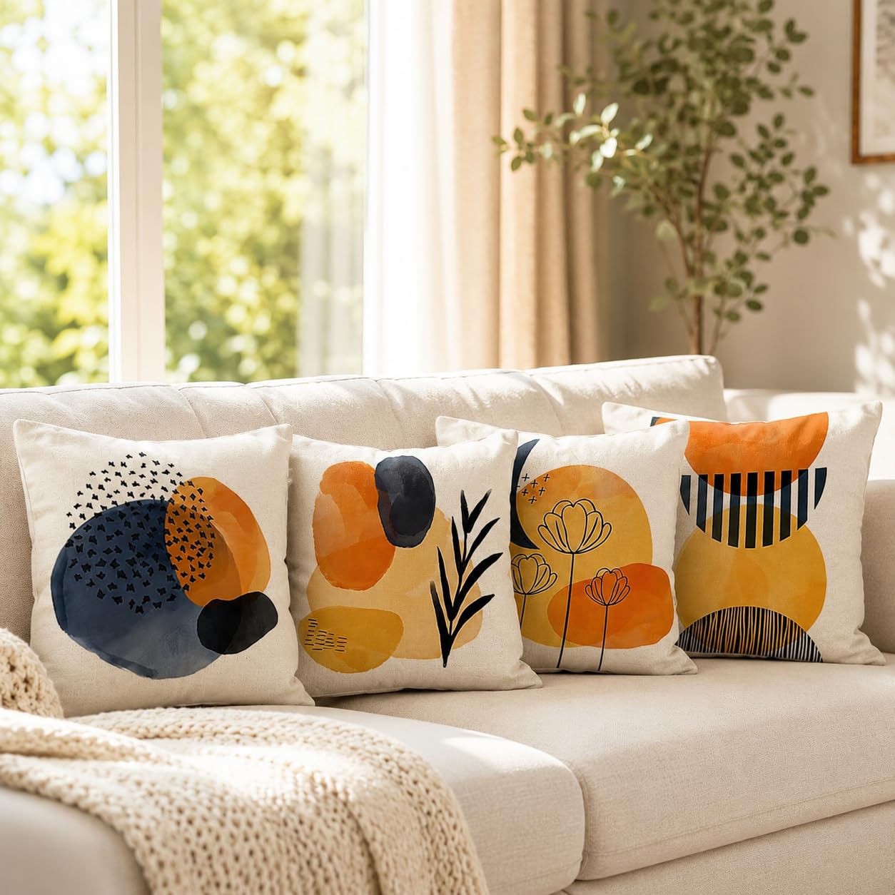 ZWJD Poszewka na poduszkę 50 x 50 cm, zestaw 4 szt., poduszki dekoracyjne, lniane poszewki na poduszki, geometryczny wzór, na sofę, do salonu, poduszki ozdobne, 50 x 50 cm, A081-20