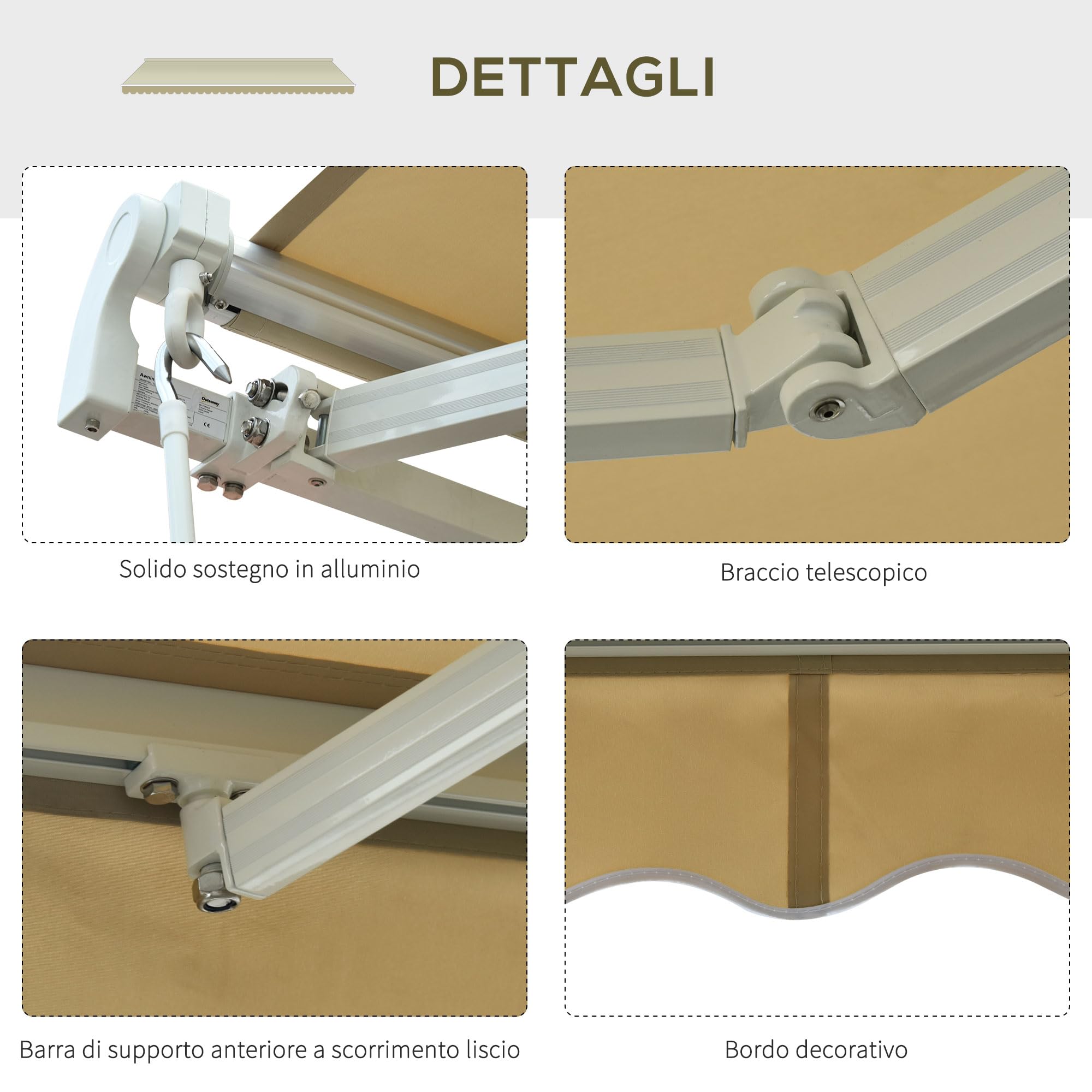 Outsunny Tenda da Sole per Esterno 3x2.5m Regolazione con Manovella, in Alluminio e Poliestere, Beige