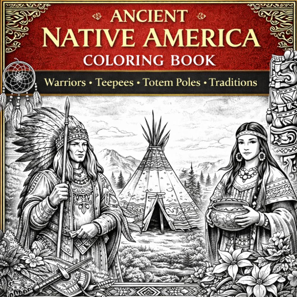 Ancient Native America Coloring Book: Warriors, Teepees, Totem Poles, Dreamcatchers: A Beautiful Coloring Journey Featuring Native American Warriors, ... and Indigenous Heritage for Adults & Teens