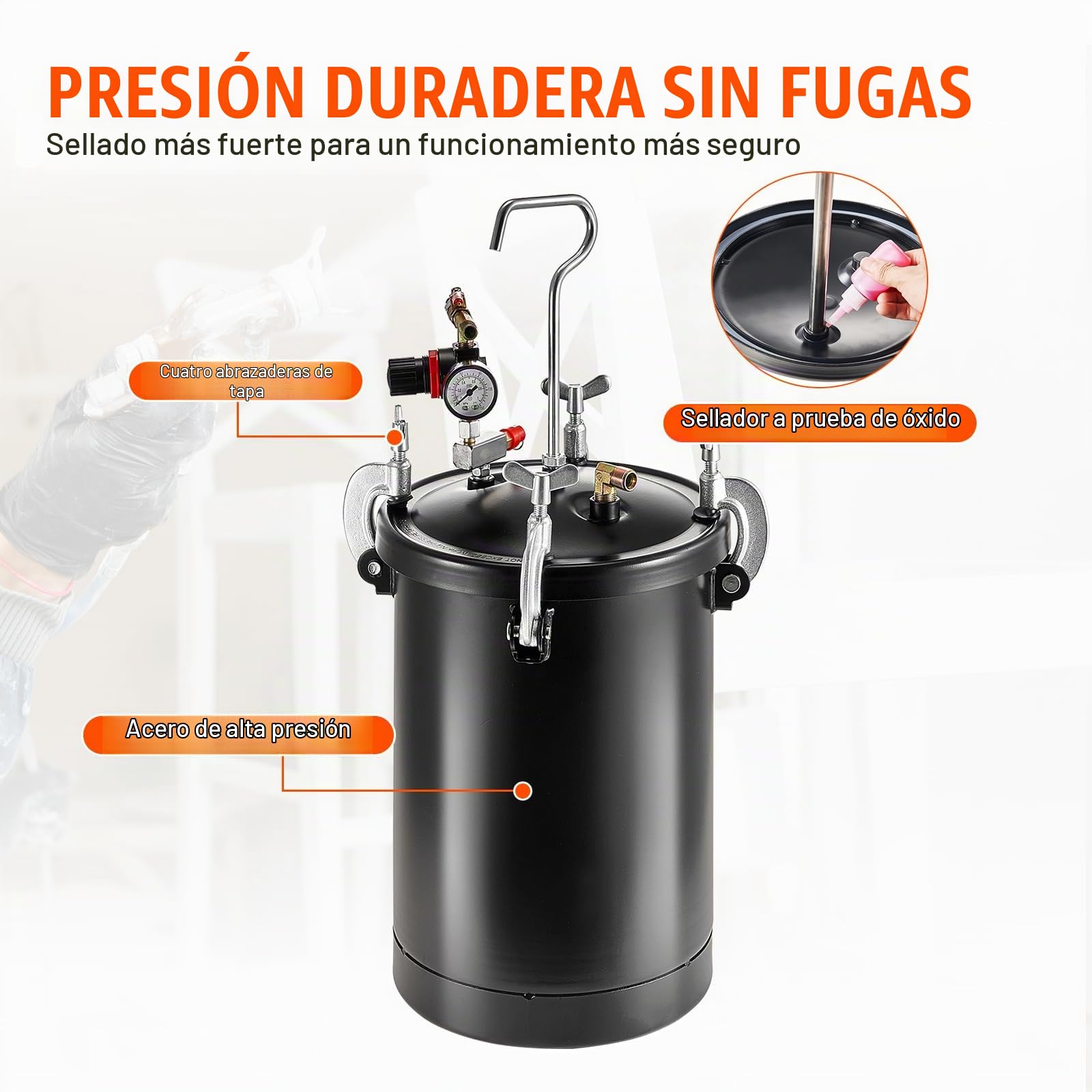 VEVOR Tanque de Presión para Pintura en Aerosol de 15 L de Presión Ajustable de 60 PSI, Tanque de Pintura a Presión de Acero con Pistola Rociadora, Mangueras, Manómetro para la Decoración del Hogar
