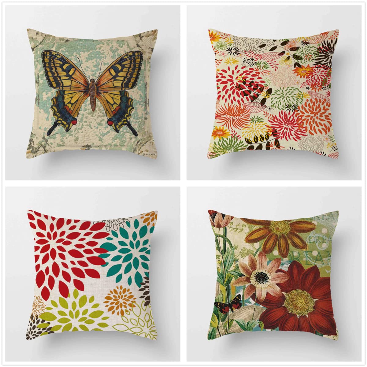 Vintage Motyl poszewki na poduszki 24 x 24 cale opakowanie 4 sztuk, poduszka dekoracyjna kwadratowa lniana dwustronna poduszka na zewnątrz z niewidocznym zamkiem błyskawicznym 60 x 60 cm, do salonu, na sofę, do sypialni, dekoracyjne prezenty J-4731