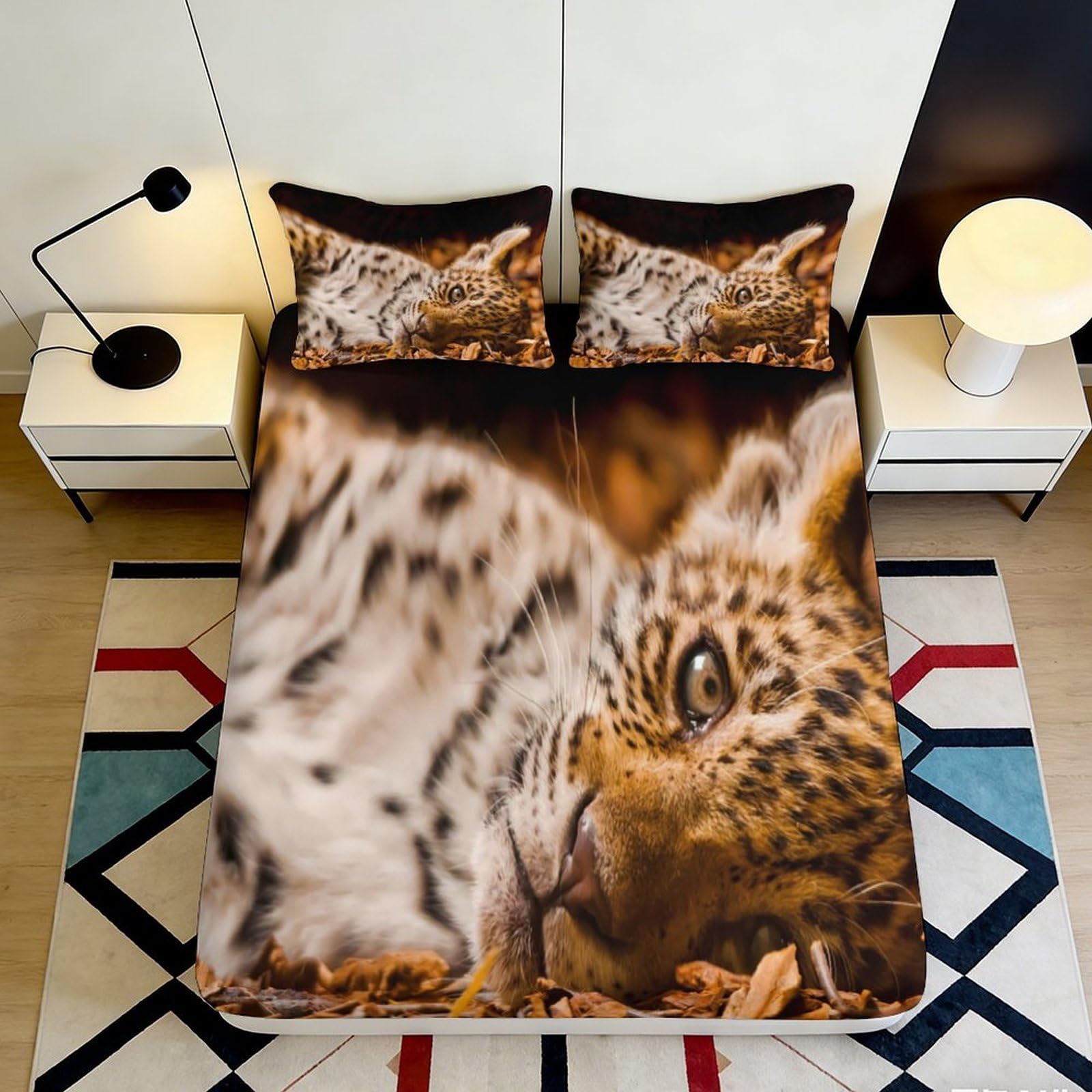 3D Printed Leopard Jungle Fitted Sheet Microfiber Soft Anti-Slip Animal Pattern Mattress Cover for Bedroom Guest Room Decor 180x200x25cm
