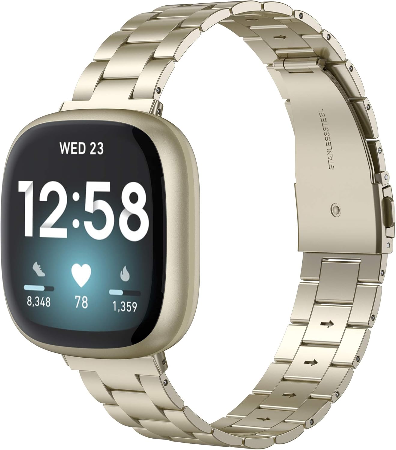 Wearlizer Compatible with Fitbit Versa 4/3 Bands/Fitbit Sense Bands for Women Men, Stainless Steel Ultra-Thin Lightweight Metal Replacement Strap for Versa 4/Sense (Soft Gold)
