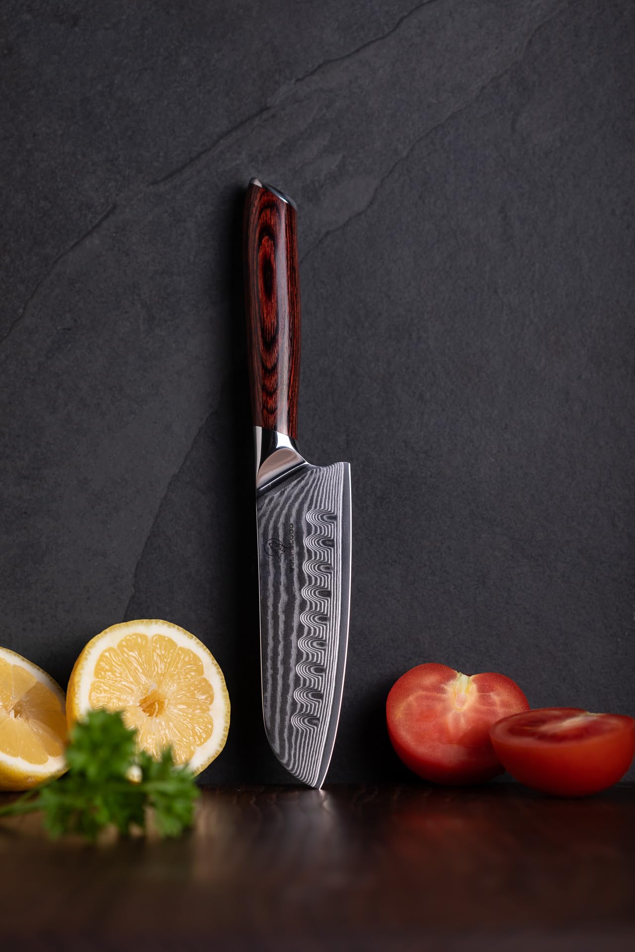 Wolfblood Damastmesser Santoku Messer L(24cm) TÜV geprüfter 62 HRC Damaststahl aus 67 Lagen I Damast-Küchenmesser Santokumesser mit Kirschholzgriff Geschenkbox und Klingenschutz