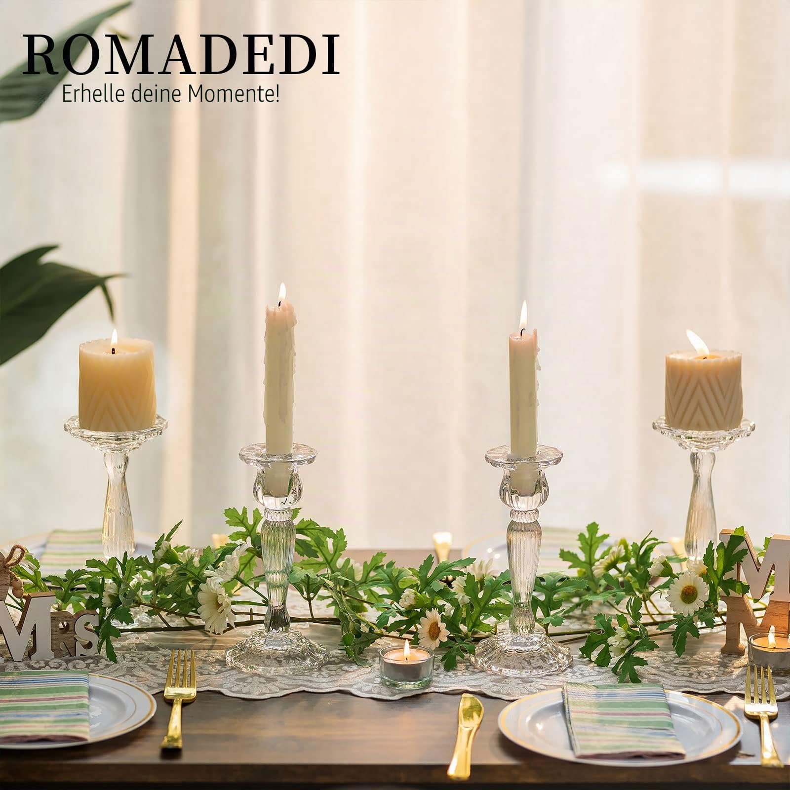 Romadedi Kerzenständer Glas für Stabkerzen, 4er-Pack, 18 cm