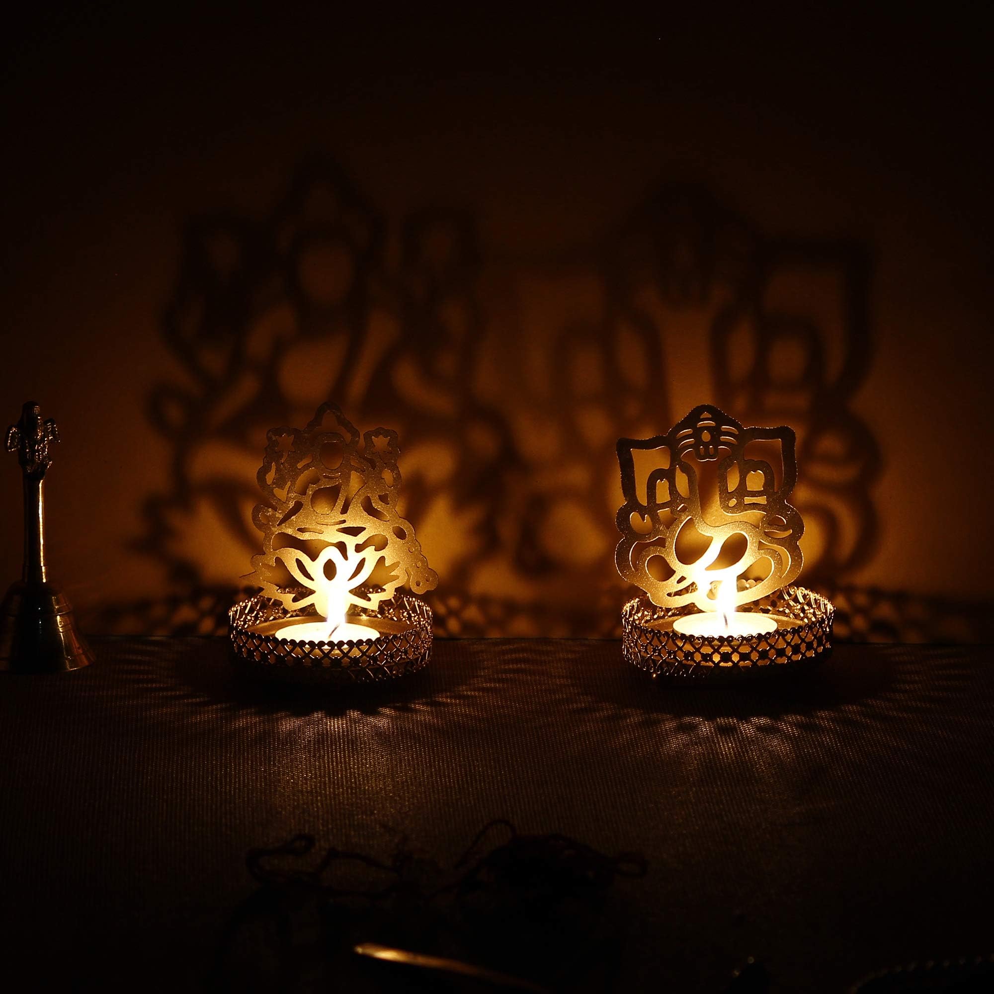 eCraftIndia Set of 2 Golden Metal Lord Ganesha and Goddess Lakshmi Shadow Tea Light Holders - Ideal for Festive Home Decor and Sacred Gifts for Family and Friends - Perfect for Diwali, Navratri