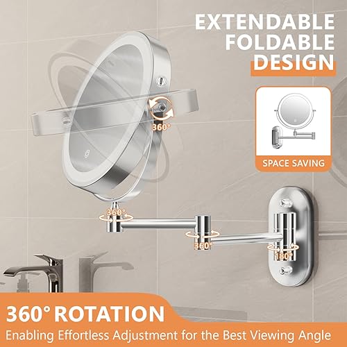 Miniatura 7 de Auxmir Espejo de maquillaje montado en la pared 1X30X con luz, espejo de aumento recargable de doble cara de 8 pulgadas, espejo de tocador regulable