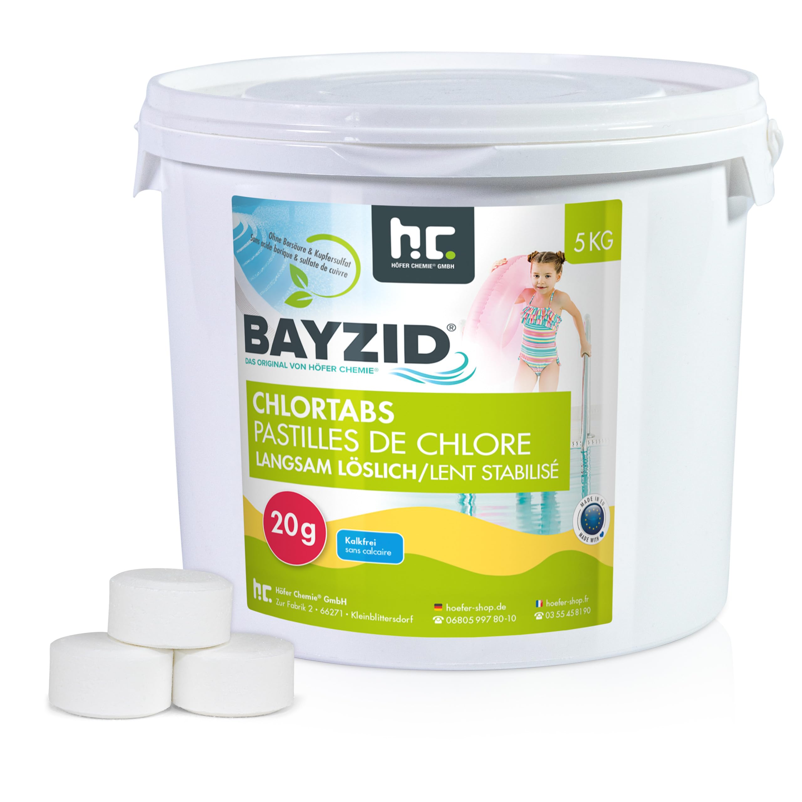 Höfer Chemie 1 x 5 kg Pastilles de Chlore Lent (20 g) pour Piscine - Hautement Efficace Contre Les Bactéries