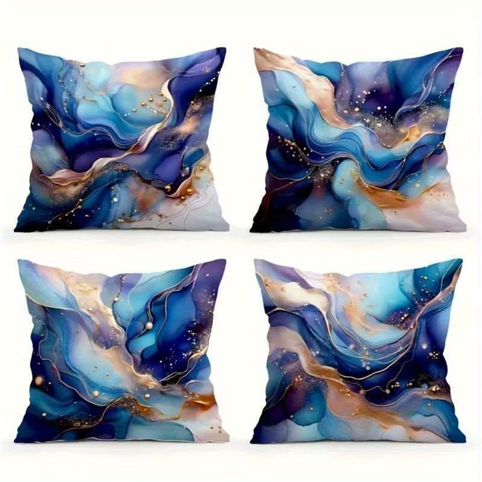 QiHon Cushion Covers 60x60 cm Set of 4 Blue Brown Marble Linen Square Pillow Cases 24x24 inch Modern Decorative Throw Pillow Covers for Sofa Couch Bedroom Home Office with Invisible Zipper