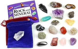 Dancing Bear Rock and Mineral Geology Education Collection - 18 Pcs of Gem Stones w Identification Book. Box and 2 Velvet Pouches Included! Geology Gem Kit for Kids