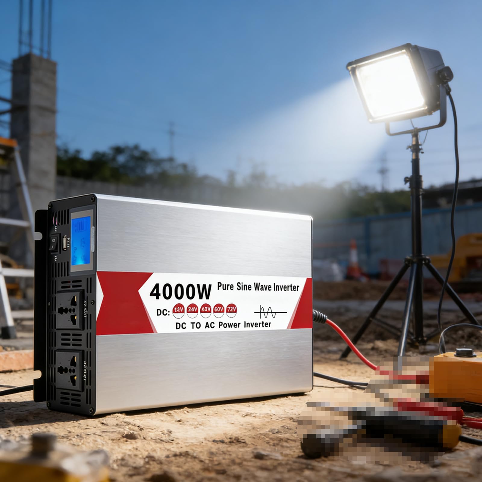 Przetwornica napięcia o dużej mocy do kamperów 4000 W (szczyt), DC 12 V/24 V/48 V/60 V do 220 V 50 Hz, z wyświetlaczem LCD HD, 2 gniazda AC do podróży