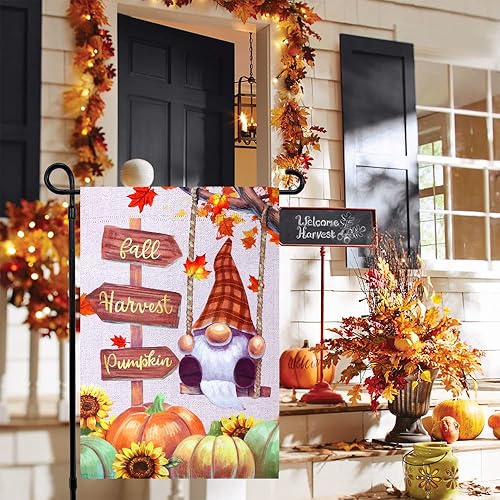 Miniatura 4 de Bandera de jardín de bienvenida de otoño, 12.5 x 18 pulgadas, vertical, de doble cara, gnomo a cuadros con soporte de fútbol, decoración de otoño