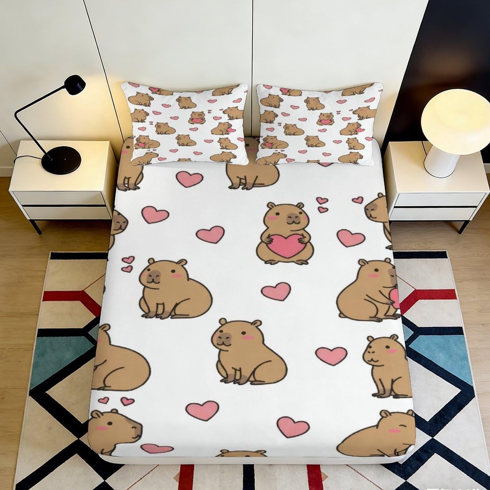3D Printed Capybara and Hearts Fitted Sheet Microfiber Deep Pocket Non-Slip Capybara Mattress Fitted Cover for Bedroom 90x200x25cm