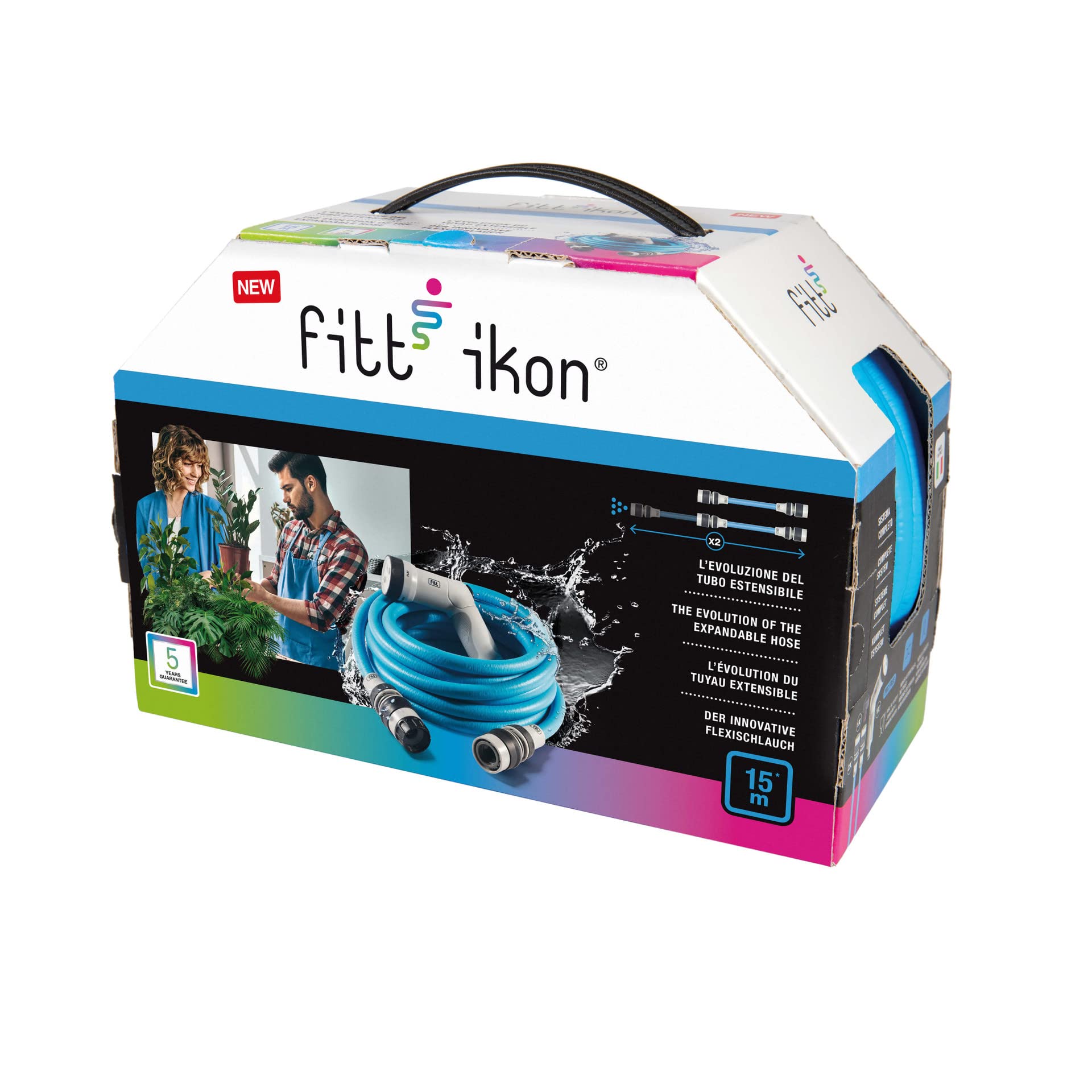 FITT IKON 15 M - Tuyau D'arrosage Extensible, Compact, Léger Et Prêt à L'emploi, Avec Pistolet Multi Jet Aquamarine 83013169