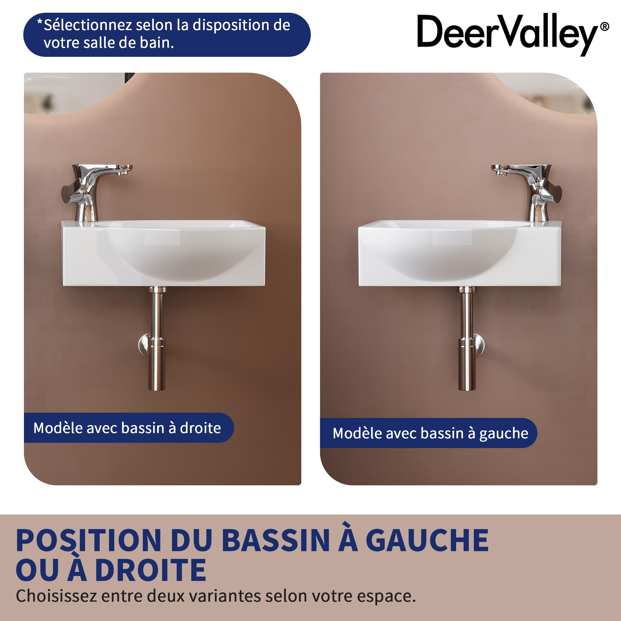 Lavabo mural DeerValley 305×240 mm, vasque rectangulaire en céramique blanche, cuve à gauche avec trou de robinet à droite, idéal pour les petites salles de bain