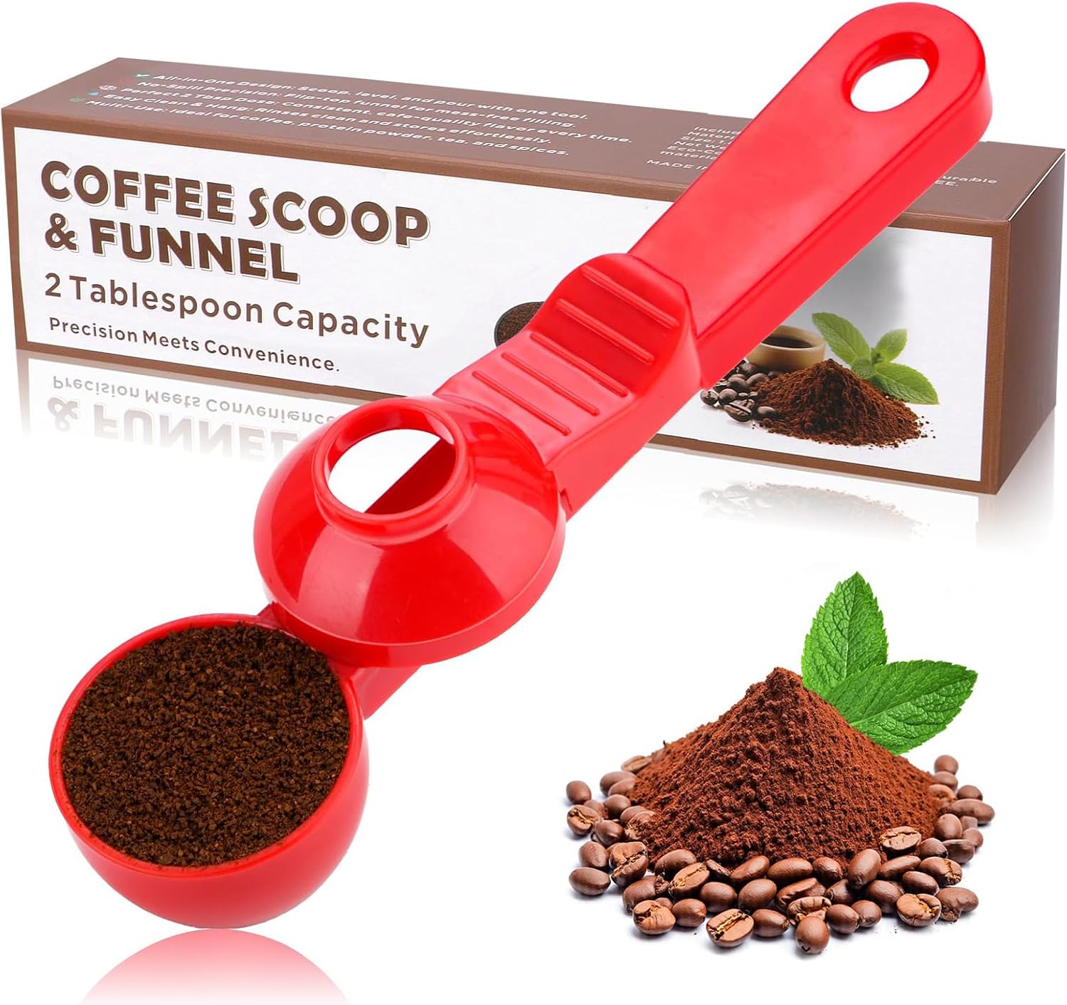 2-in-1 Coffee Scoop with Funnel, 2 Tbsp Measuring Spoon for Reusable K Cups, Ground Coffee, Protein Powder & Tea, Mess-Free Plastic Design（Red-1pack）