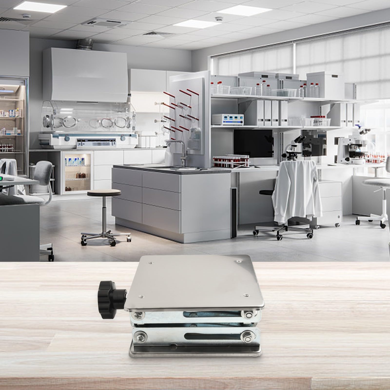 Piattaforma di sollevamento da laboratorio in acciaio inox regolabile in altezza, supporto per applicazioni scientifiche, ideale per laboratori e ricerche