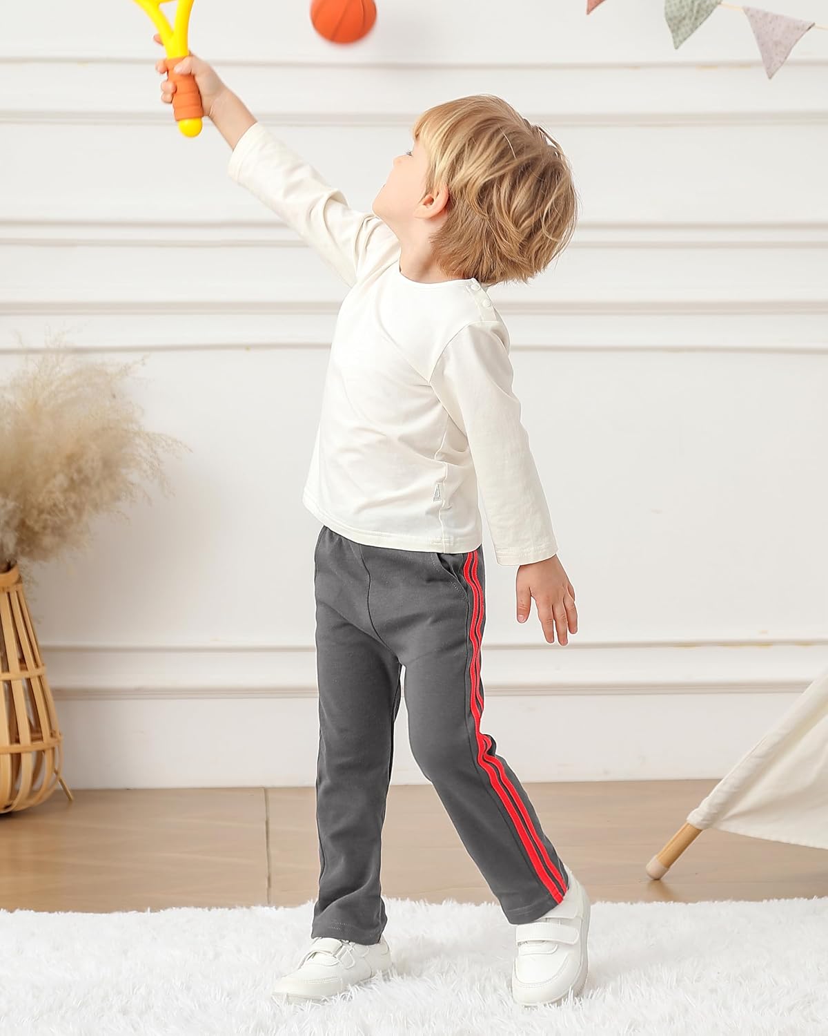 GFQLONG 5 Pack Toddler Boys Straight-Leg Cotton Pants, Lightweight Trousers with Side Stripes & Pockets for Summer Fall
