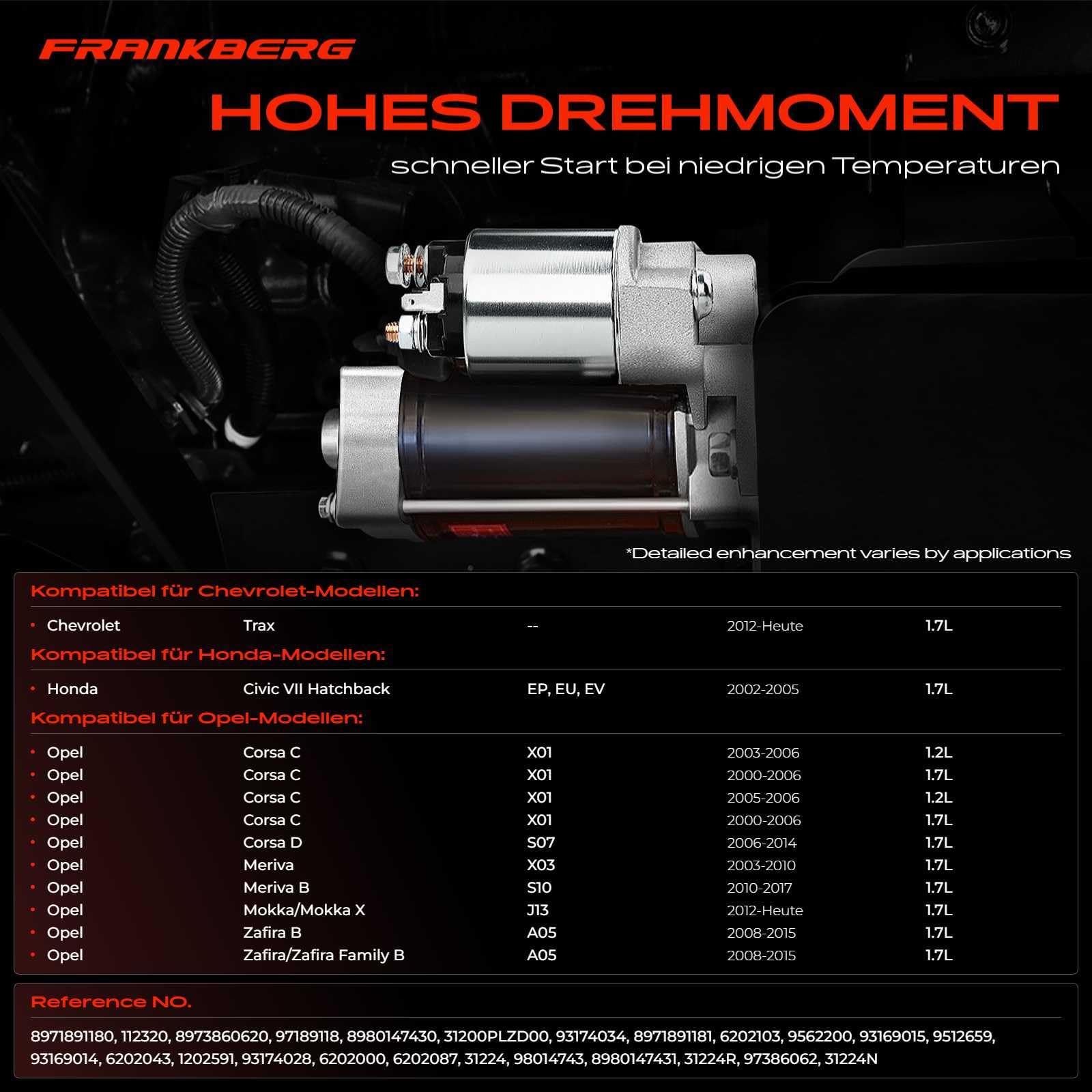 Frankberg Motor de arranque para automóvil Diesel 1,4 KW/12 V/13 dientes Compatible con Corsa C Furgoneta/Compacto X01 Astra H Caravan A04 Replace# 8971891181