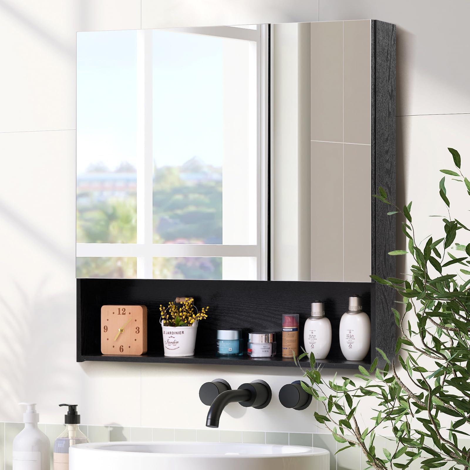 HollyHOME Armario de baño con espejo organizador de joyas, armario de almacenamiento de 2 puertas de espejo montado en la pared con estante ajustable, 62 pulgadas de ancho x 14 pulgadas de profundidad