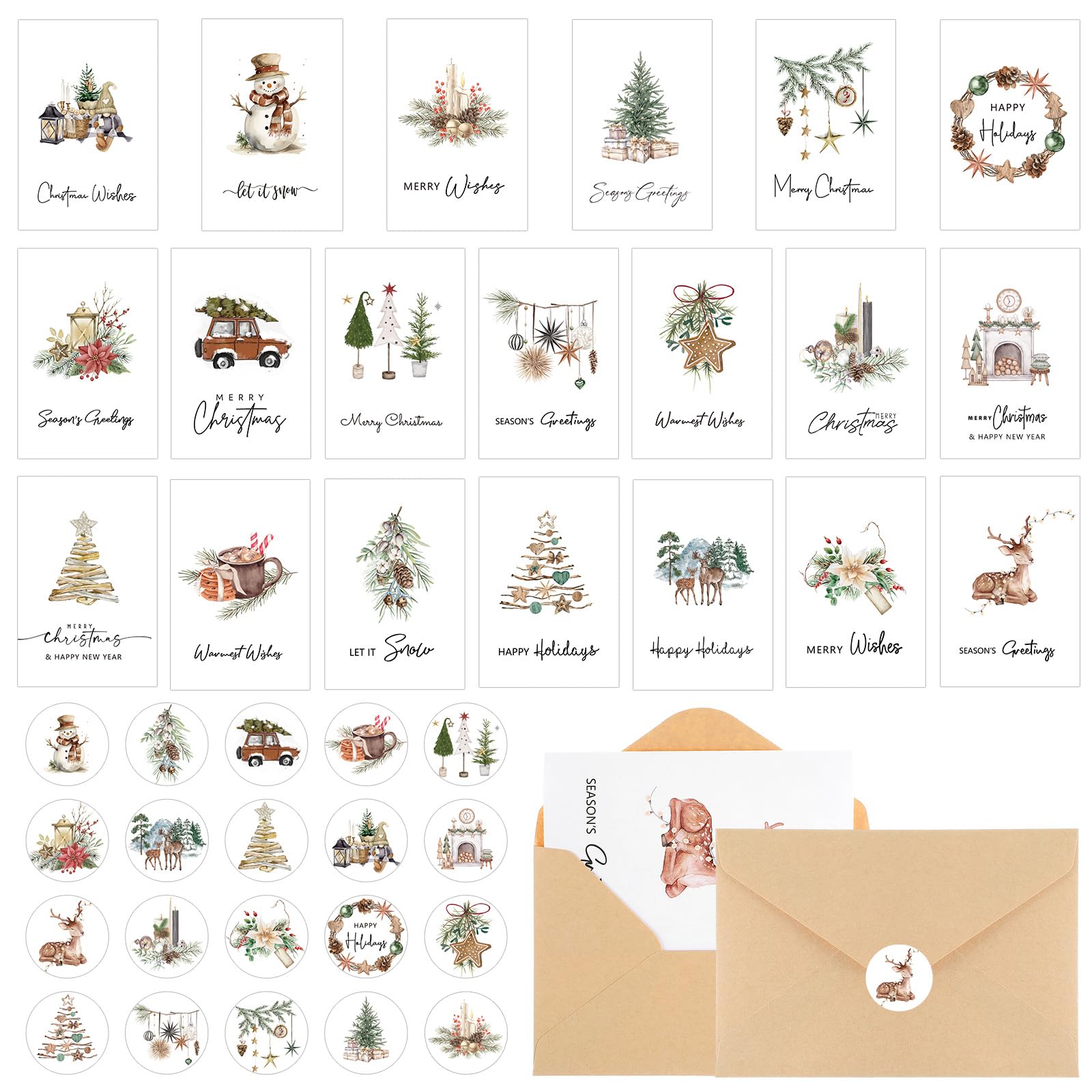 Engrowtic Lot de 120 cartes de Noël de 10,2 x 15,2 cm avec enveloppes kraft et autocollants Assortiment de cartes de vœux rustiques pour Noël, Nouvel An, fournitures de fête
