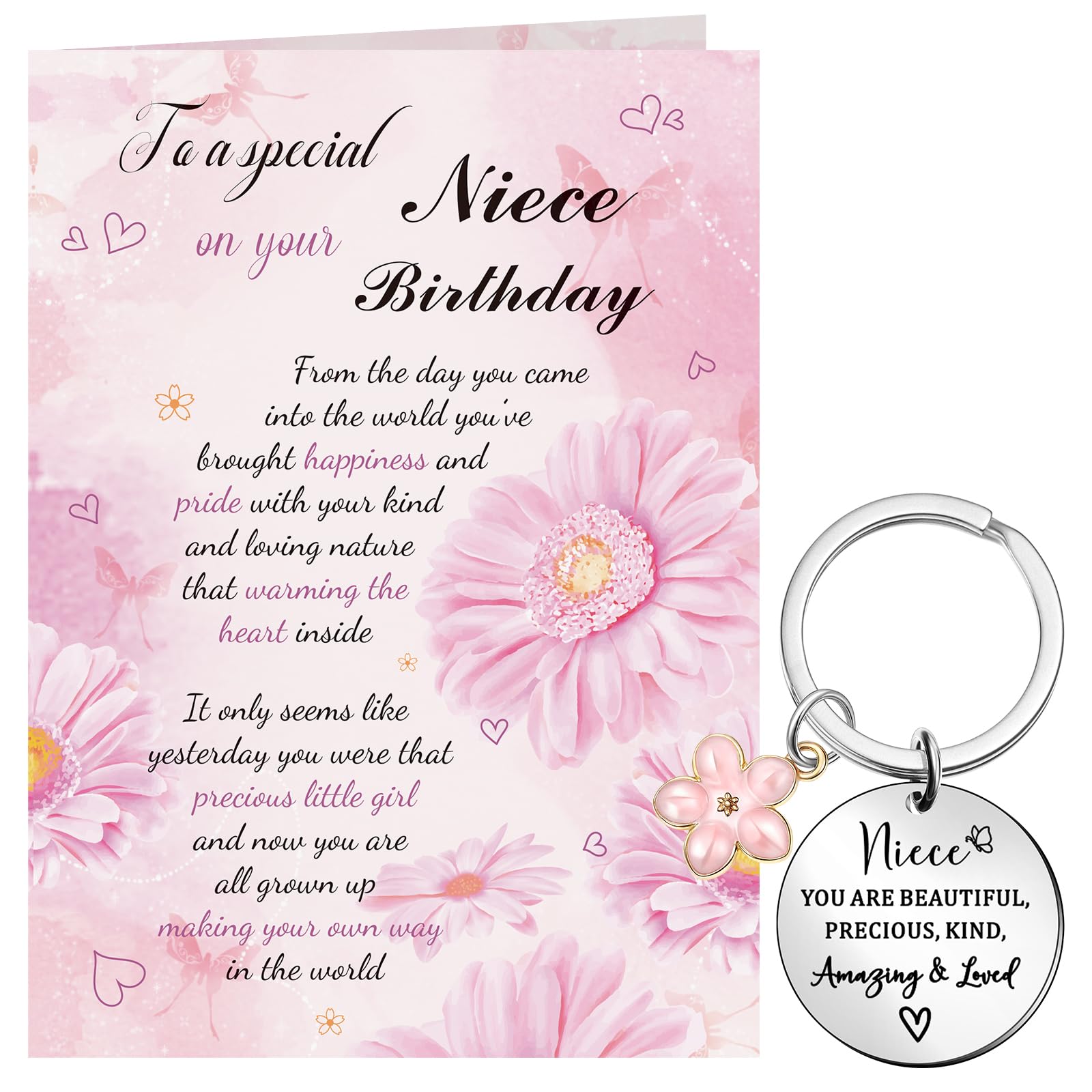 Niece Birthday Card, Birthday Gifts for Niece with Envelope, Stainless Steel Keyring with Lovely Words Inspirational Present from Auntie Uncle